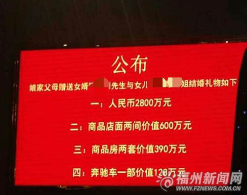 福清豪華婚禮曬出3918萬元嫁妝　其中現金2800萬
