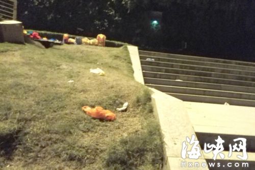 草坪上散落著各種垃圾（畫圈處）