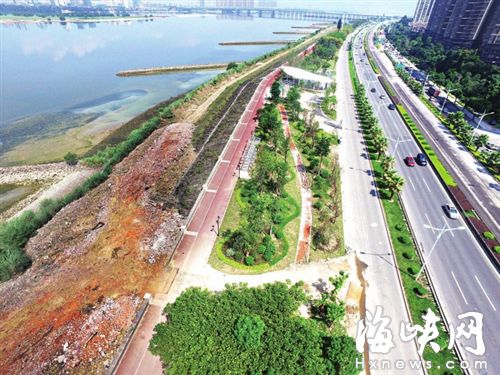  綠化帶被開出一條路，堤壩外則被倒了大量的渣土和建筑垃圾