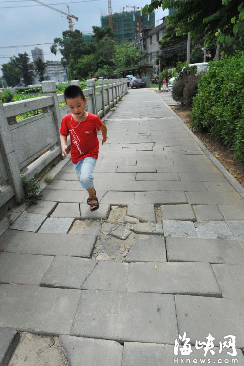 綠道上的地磚被壓裂拱起市，民擔心路過的孩子會崴腳